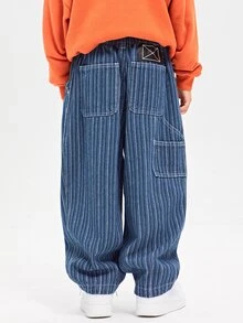 Chico preadolescente Jeans rectos estilo japones de rayas suelto para primavera & otoño - Azul lavado medio - Ver 2