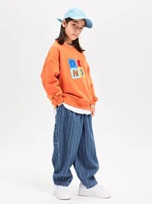 Chico preadolescente Jeans rectos estilo japones de rayas suelto para primavera & otoño - Azul lavado medio - Ver 3