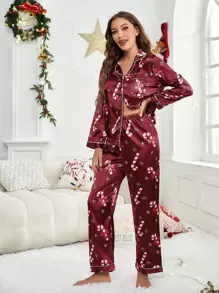 Plus Christmas Candy Cane Print Contrast Piping Satin PJ Set - Burgundy - View 1