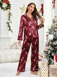 Plus Christmas Candy Cane Print Contrast Piping Satin PJ Set - Burgundy - View 4