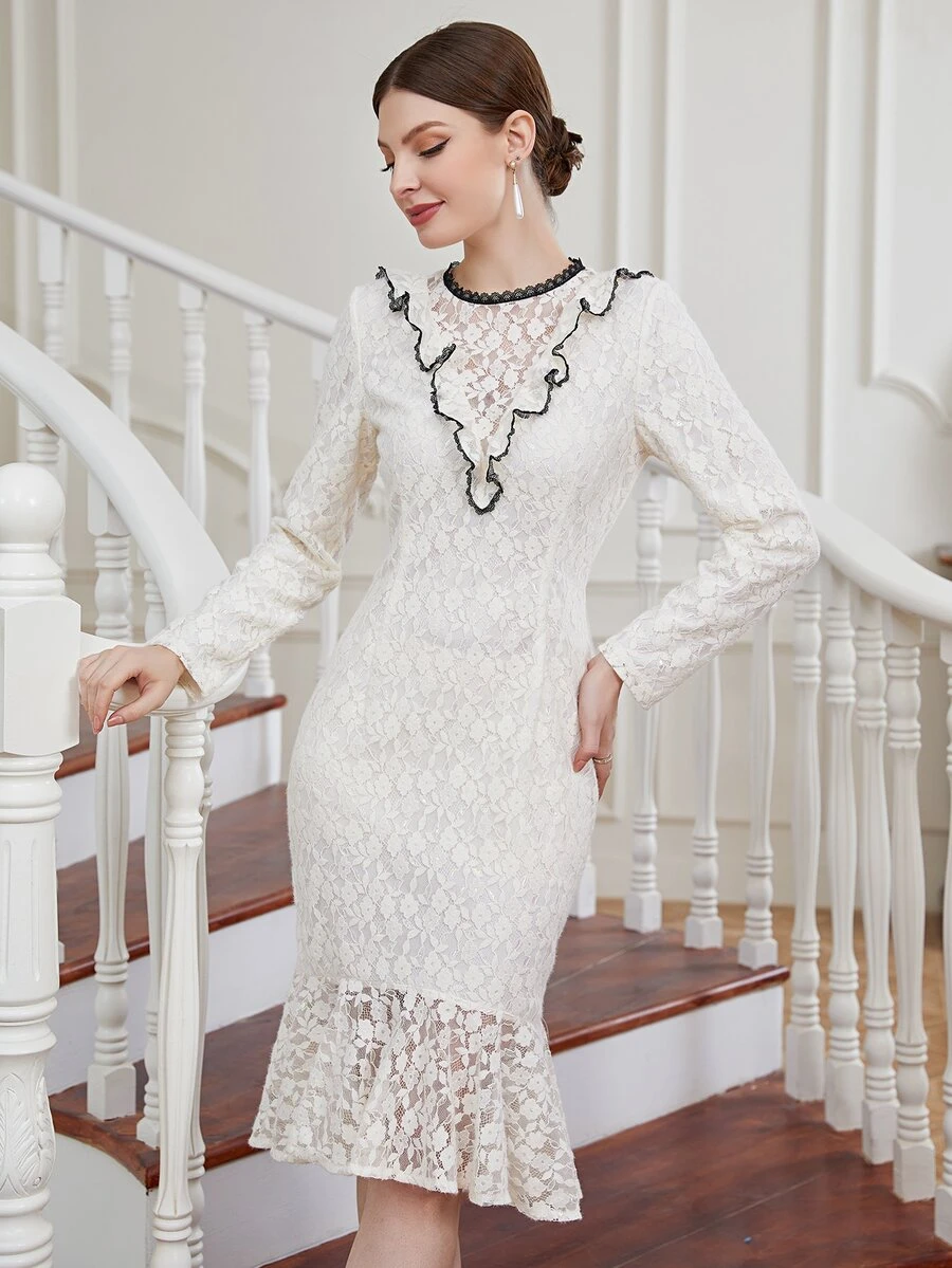 Contrast Binding Ruffle Trim Lace Fitted Dress - White - View 1