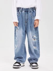 Chico preadolescente Pantalones desgarro Jeans suave recto de pierna ancha para primavera con otoño - Lavado ligero - Ver 8