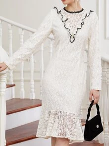 Contrast Binding Ruffle Trim Lace Fitted Dress - White - View 4