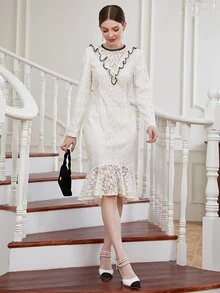 Contrast Binding Ruffle Trim Lace Fitted Dress - White - View 6