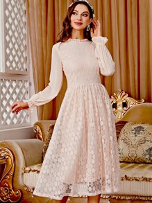 荷葉袖蕾絲覆蓋洋裝不附腰帶 - 淺粉色 - 查看 1