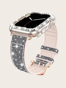 2入組女士閃爍矽膠手錶帶，雙鑽石鑲嵌手錶盒，支援38mm、40mm、41mm、42mm、44mm、45mm、49mm的蘋果手錶，並支援蘋果手錶的Ultra / SE / 9/8/7/6/5/4/3/2/1系列，帶有顏色變化的閃爍 - 彩色 - 查看 1