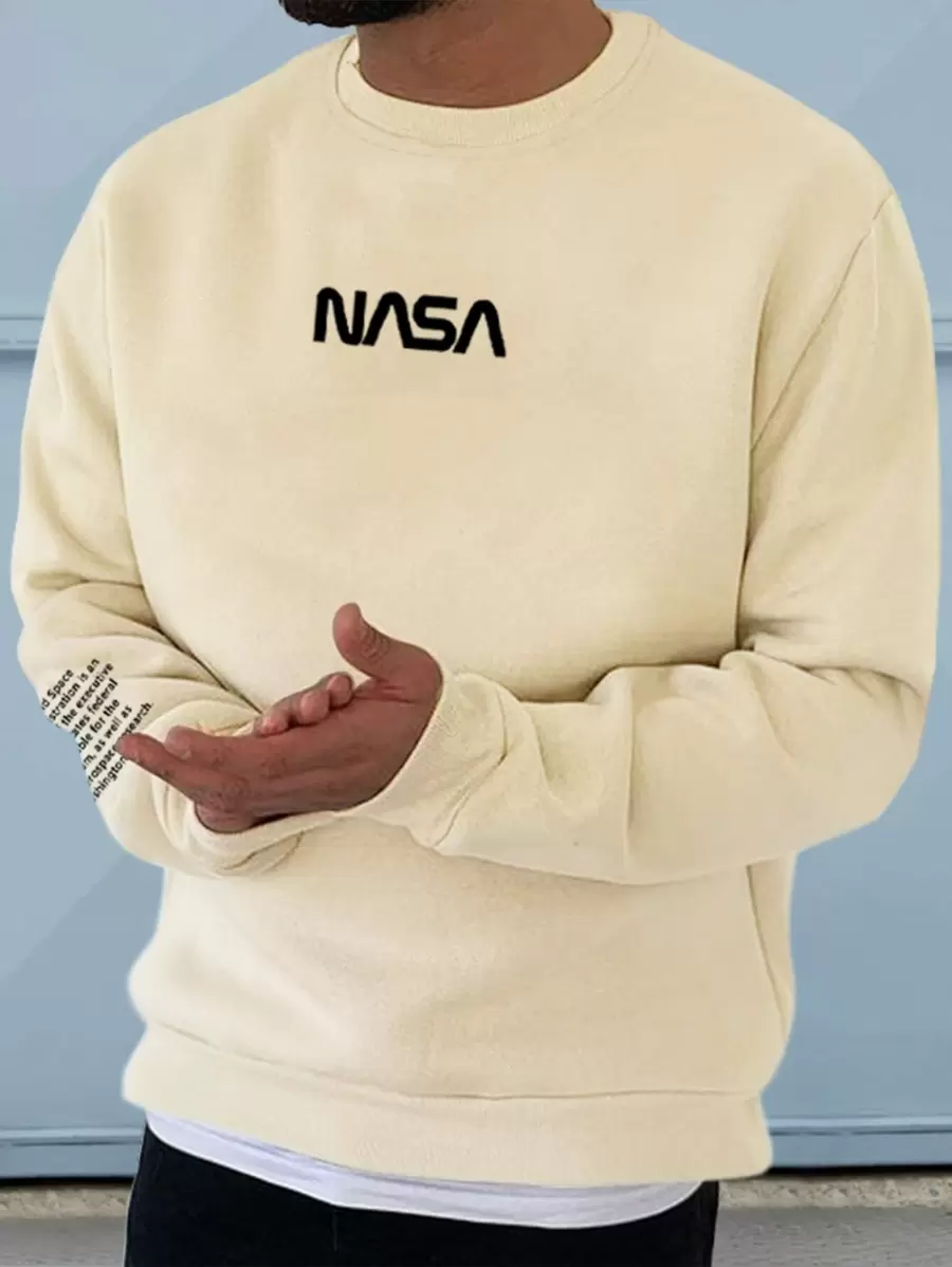 Manfinity Homme Hombres Sudadera con estampado de letra - Caqui - Ver 1