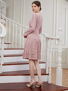 Vestido de vestir con cremallera trasera bajo con fruncido con encaje - Rosa vieja - Ver 2