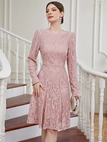 Vestido de vestir con cremallera trasera bajo con fruncido con encaje - Rosa vieja - Ver 3