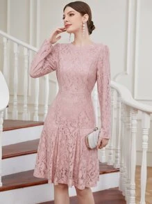 Vestido de vestir con cremallera trasera bajo con fruncido con encaje - Rosa vieja - Ver 4