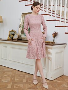Vestido de vestir con cremallera trasera bajo con fruncido con encaje - Rosa vieja - Ver 6