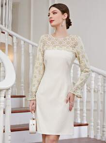 Contrast Lace Flounce Sleeve Fitted Dress - Beige - View 1