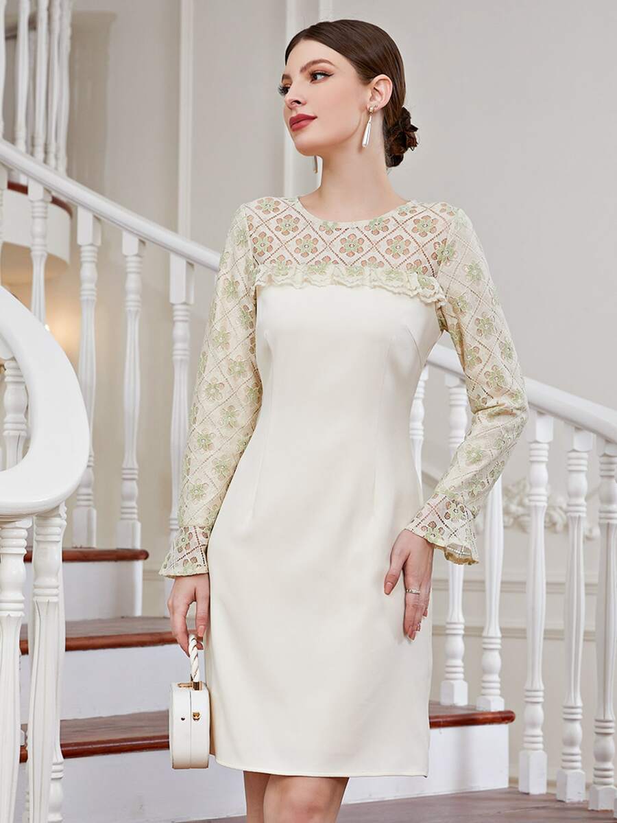 Contrast Lace Flounce Sleeve Fitted Dress - Beige - View 1