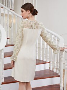 Contrast Lace Flounce Sleeve Fitted Dress - Beige - View 2