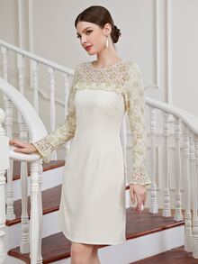 Contrast Lace Flounce Sleeve Fitted Dress - Beige - View 3