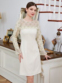 Contrast Lace Flounce Sleeve Fitted Dress - Beige - View 4