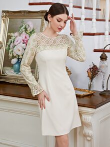 Contrast Lace Flounce Sleeve Fitted Dress - Beige - View 6