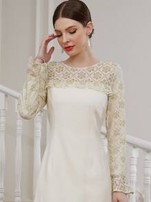 Contrast Lace Flounce Sleeve Fitted Dress - Beige - View 7