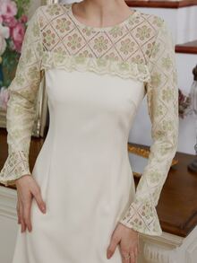 Contrast Lace Flounce Sleeve Fitted Dress - Beige - View 8
