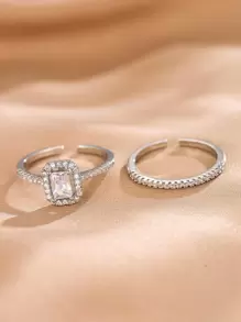 2pcs Gold-Plated Micro-Inlaid Cubic Zirconia Rings, Wedding, Engagement, Proposal Gift - Silver - View 4