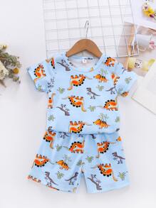 SHEIN Toddler Boys Dinosaur Print Tee With Track Shorts - Baby Blue - View 1
