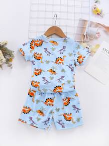 SHEIN Toddler Boys Dinosaur Print Tee With Track Shorts - Baby Blue - View 2