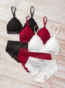 3套花朵蕾絲內衣套裝(包含胸圍和內褲) - 彩色 - 查看 4