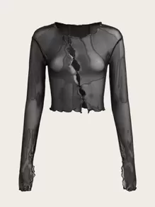 SHEIN ICON 木耳邊透視網紗上衣不附胸罩 - 黑色 - 查看 1