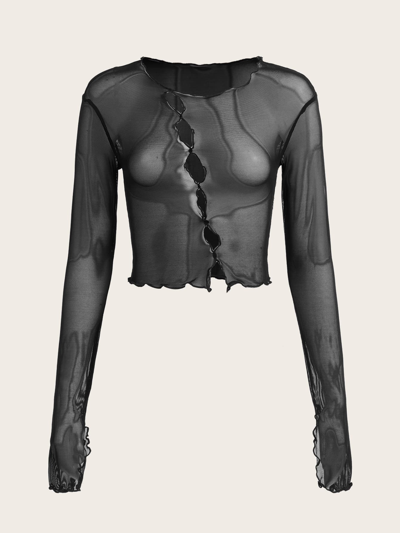 SHEIN ICON 木耳邊透視網紗上衣不附胸罩 - 黑色 - 查看 1