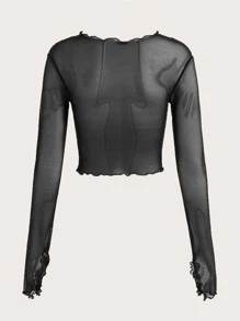 SHEIN ICON 木耳邊透視網紗上衣不附胸罩 - 黑色 - 查看 2