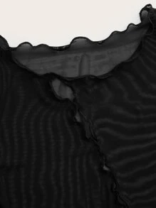 SHEIN ICON 木耳邊透視網紗上衣不附胸罩 - 黑色 - 查看 4