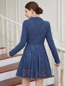 Lapel Neck Lace Panel Coat - Blue - View 2