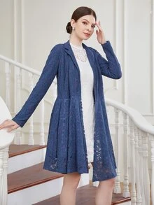 Lapel Neck Lace Panel Coat - Blue - View 4