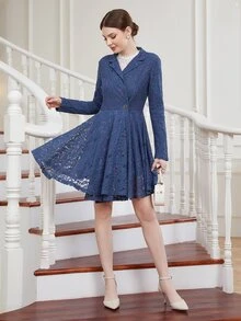 Lapel Neck Lace Panel Coat - Blue - View 5