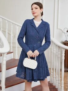 Lapel Neck Lace Panel Coat - Blue - View 6