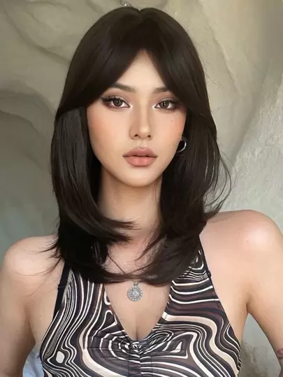 女士深棕色长假发 棕色 18 英寸中长直发合成假发带刘海 适合日常使用