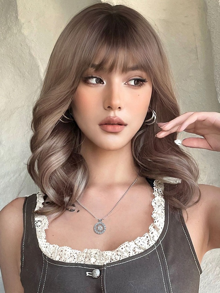 棕色16英寸中等身體波浪狀人造假髮帶劉海 - 棕色 - 查看 3