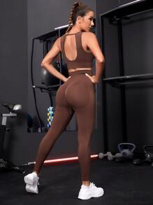 Yoga Basic Solid Backless Wideband Waist Sports Set - Coffee Brown - View 2