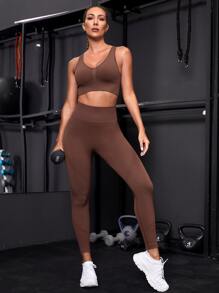 Yoga Basic Solid Backless Wideband Waist Sports Set - Coffee Brown - View 3