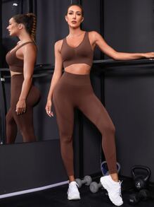 Yoga Basic Solid Backless Wideband Waist Sports Set - Coffee Brown - View 6