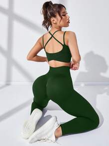 Yoga Basic 2pcs Seamless High Stretch Yoga Set Sports Suit Crisscross Cami Tummy Control Bubble Butt Push Up Leggings - Army Green - View 1