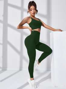 Yoga Basic 2pcs Seamless High Stretch Yoga Set Sports Suit Crisscross Cami Tummy Control Bubble Butt Push Up Leggings - Army Green - View 3