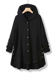 Mulvari Plus Button Front High Low Hem Hooded Coat - Black - View 1