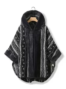 Mulvari Plus Star Print Fuzzy Trim Hooded Cape Coat - Black and White - View 1