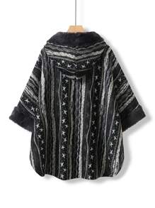 Mulvari Plus Star Print Fuzzy Trim Hooded Cape Coat - Black and White - View 2