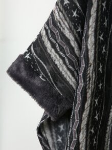 Mulvari Plus Star Print Fuzzy Trim Hooded Cape Coat - Black and White - View 5