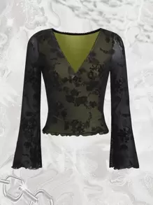 ROMWE PUNK Grunge Floral Print Lace Trim Mesh Top - Multicolor - View 1