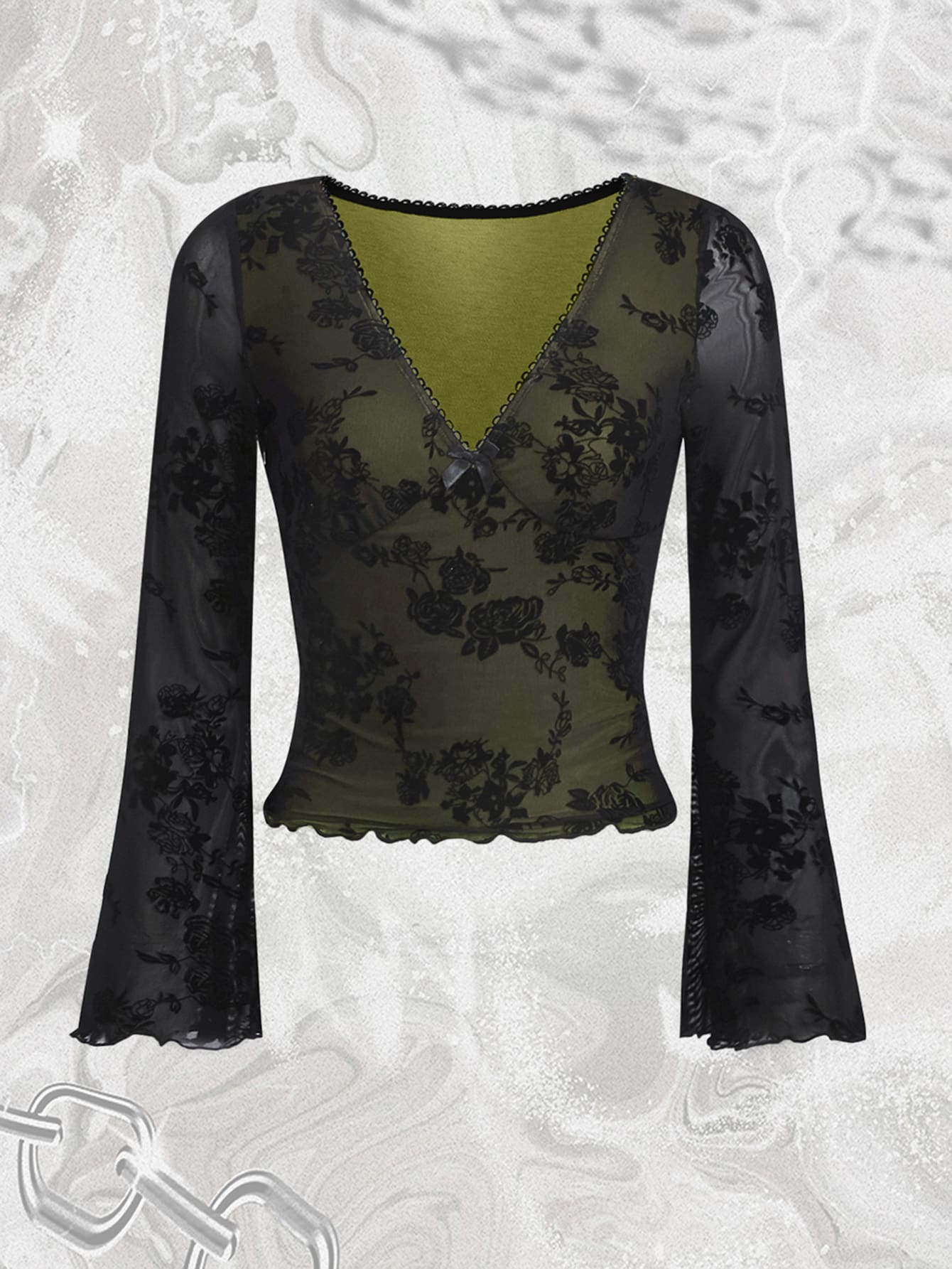 ROMWE PUNK Grunge Floral Print Lace Trim Mesh Top - Multicolor - View 1