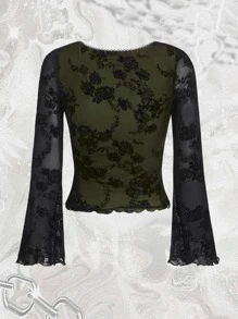 ROMWE PUNK Grunge Floral Print Lace Trim Mesh Top - Multicolor - View 2
