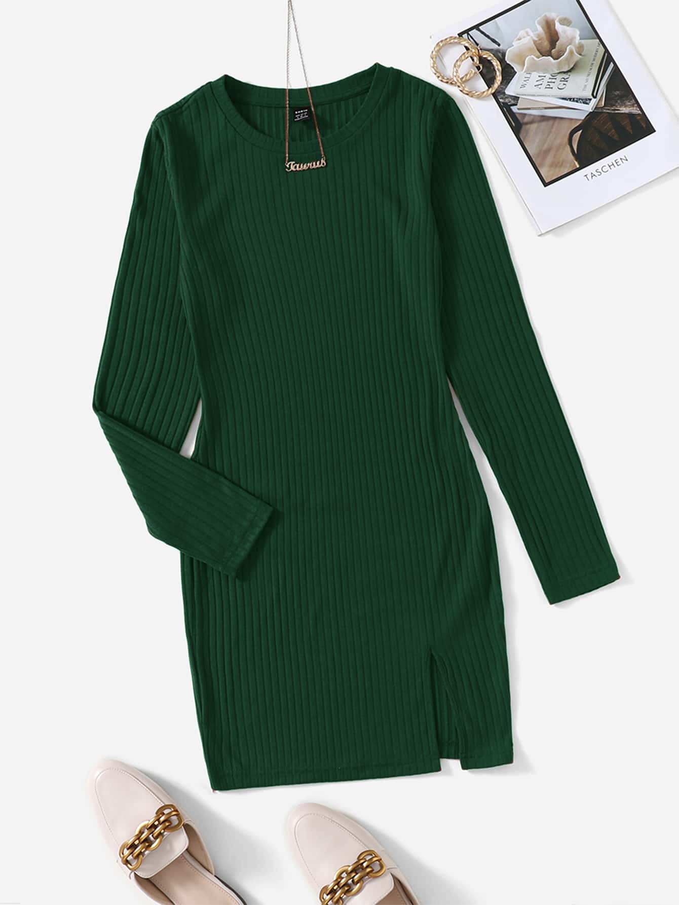 SHEIN Essnce Ribbed Knit Split Hem Dress - Dark Green - View 1
